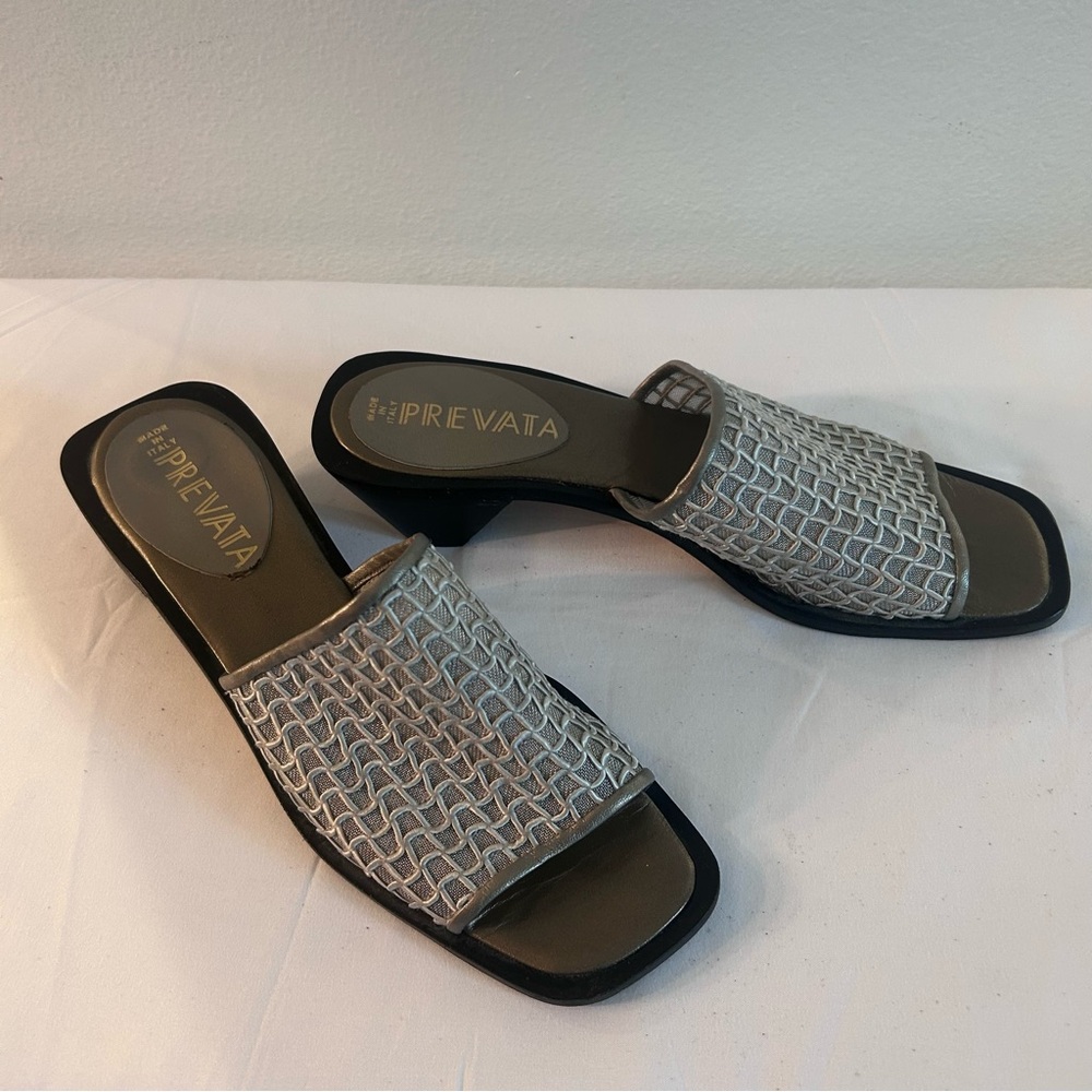 Prevata Gray Woven Mules with Metallic Finish